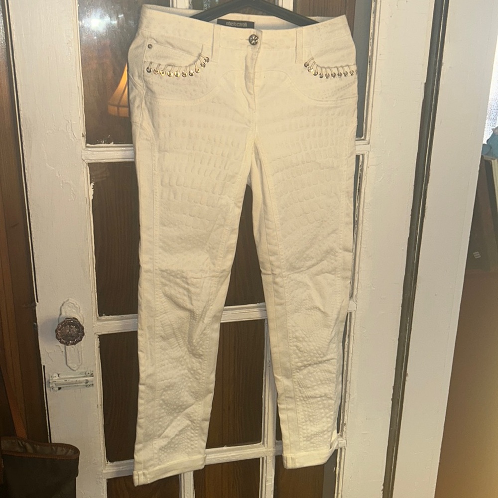 Roberto Cavalli White Quilted Jeans with Stud Detail